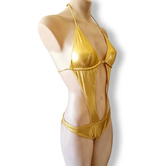 Metallic gold, one piece/monokini swimsuit or bodysuit with rhinestones/diamonte - Picture 9 of 9